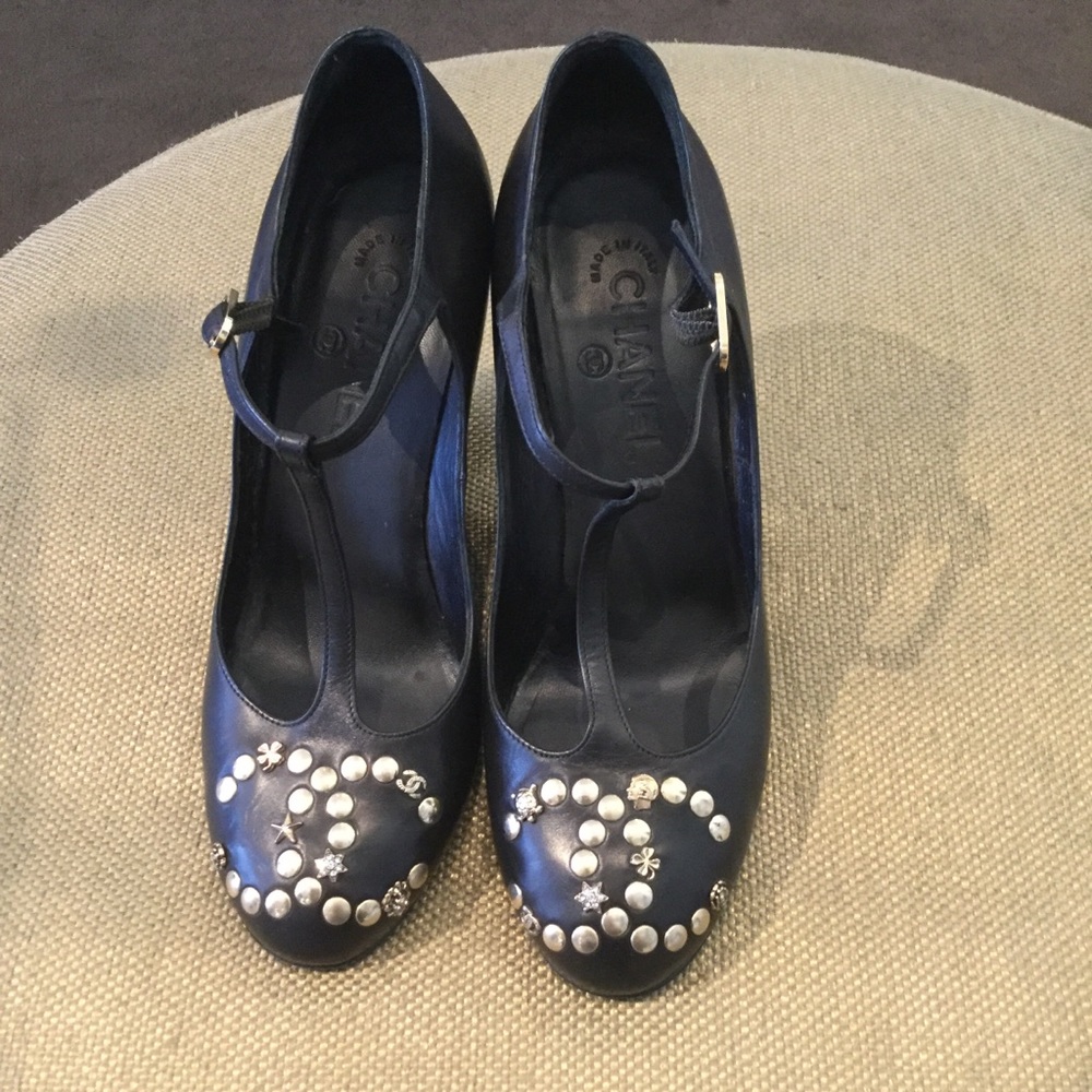 Chanel Studded Logo T Strap Wedges